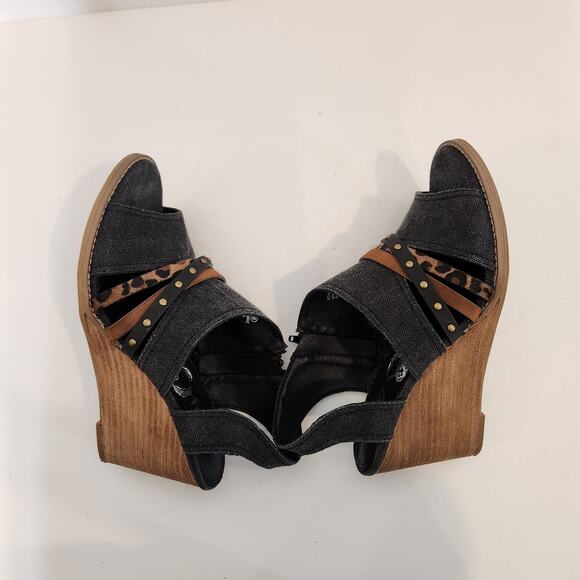 VERY G Jamison Black Brown Canvas Strappy Leopard Print Peep Toe Wedges Womens 8 - Picture 8 of 10